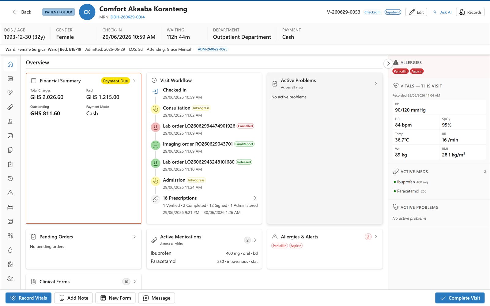 DDRT patient folder — one patient record with visit workflow, orders, prescriptions, vitals, allergies, and financial summary, shown with test data