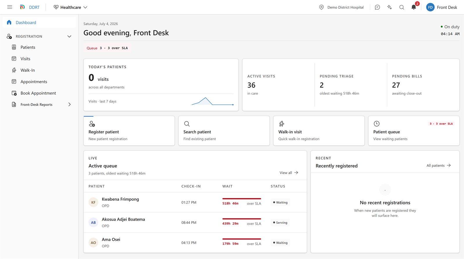 DDRT front-desk dashboard — live patient queue with wait-time SLAs, active visits, pending triage and bills, and registration quick actions, shown with test data