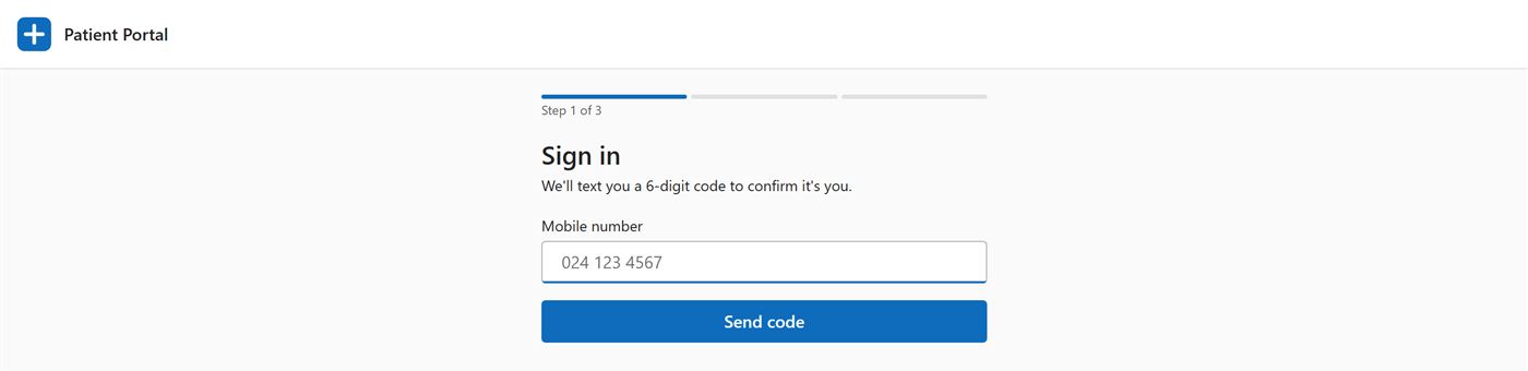 DDRT patient portal sign-in — three-step wizard, mobile number and one-time code